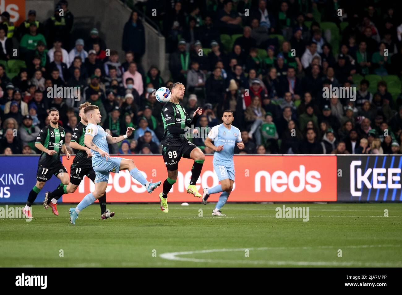 Melbourne, Australia, 28 May, 2022. Aleksandar Prijovic of Western United heads the ball during the A-League Grand Final soccer match between Melbourne City FC and Western United at AAMI Park on May 28, 2022 in Melbourne, Australia. Credit: Dave Hewison/Speed Media/Alamy Live News Stock Photo