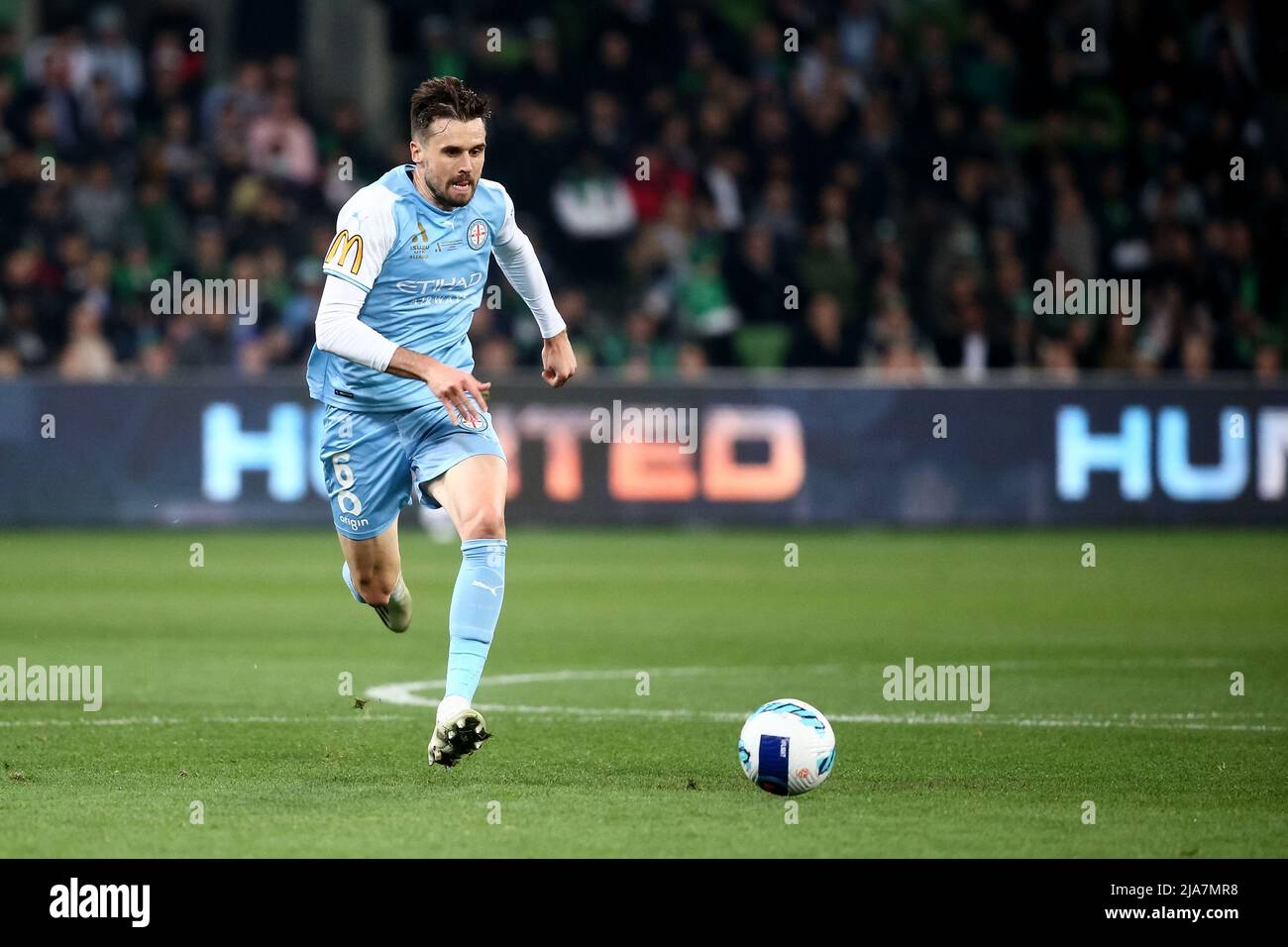 Melbourne, Australia, 28 May, 2022. Carl Jenkinson of Melbourne City FC controls the ball during the A-League Grand Final soccer match between Melbourne City FC and Western United at AAMI Park on May 28, 2022 in Melbourne, Australia. Credit: Dave Hewison/Speed Media/Alamy Live News Stock Photo