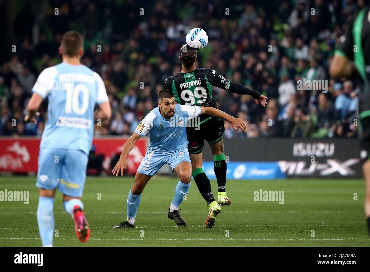 Melbourne, Australia, 28 May, 2022. Aleksandar Prijovic of Western United heads the ball Aleksandar Prijovic of Western United heads the ball during the A-League Grand Final soccer match between Melbourne City FC and Western United at AAMI Park on May 28, 2022 in Melbourne, Australia. Credit: Dave Hewison/Speed Media/Alamy Live News Stock Photo