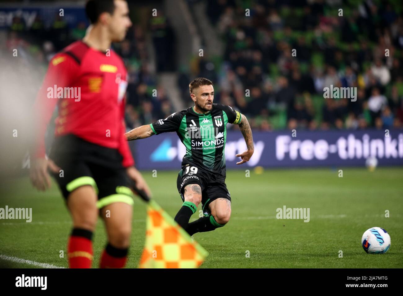 Melbourne, Australia, 28 May, 2022. Joshua Risdon of Western United controls the ball during the A-League Grand Final soccer match between Melbourne City FC and Western United at AAMI Park on May 28, 2022 in Melbourne, Australia. Credit: Dave Hewison/Speed Media/Alamy Live News Stock Photo