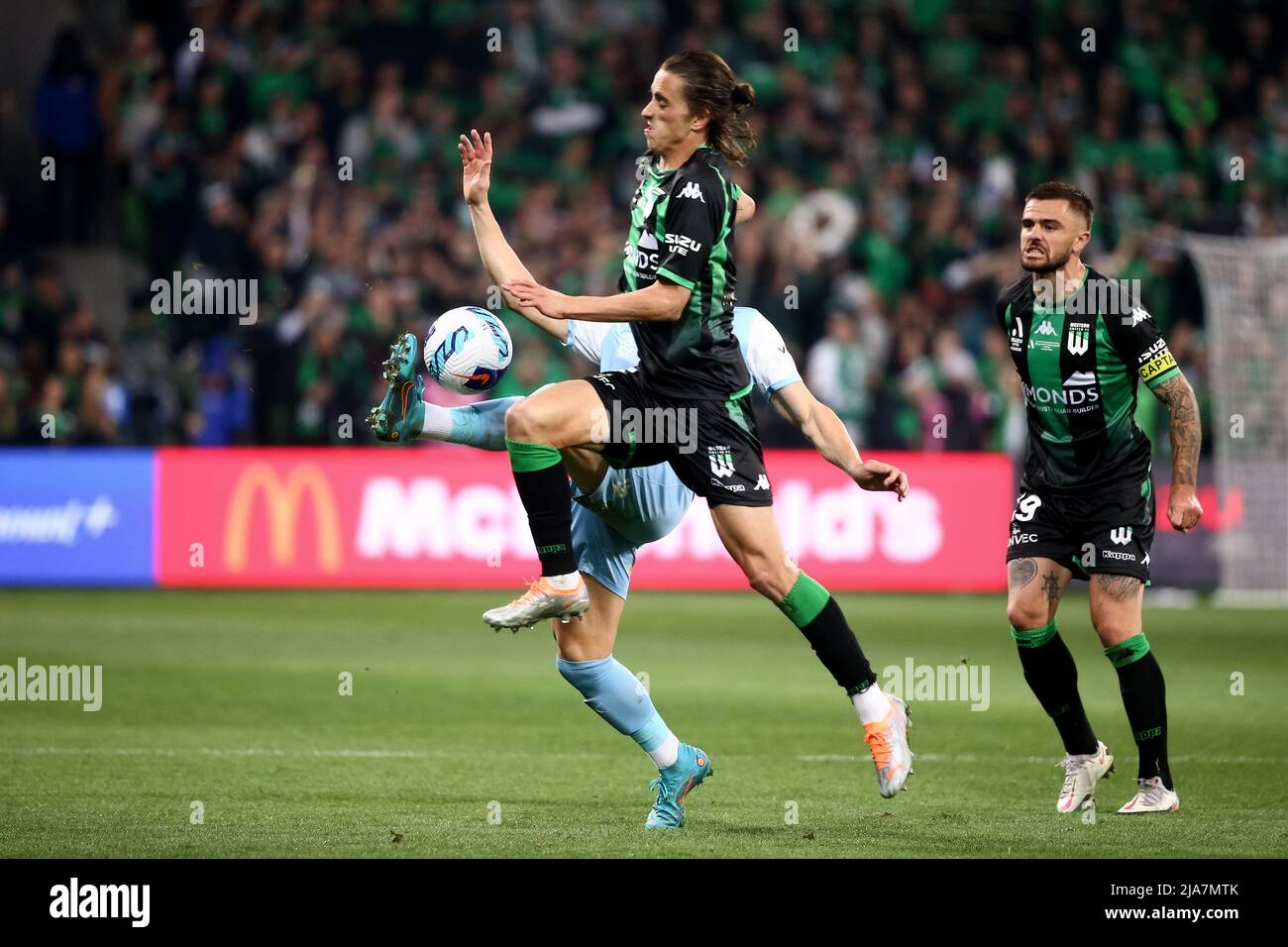 Melbourne, Australia, 28 May, 2022. Lachlan Wales of Western United goes for the ball during the A-League Grand Final soccer match between Melbourne City FC and Western United at AAMI Park on May 28, 2022 in Melbourne, Australia. Credit: Dave Hewison/Speed Media/Alamy Live News Stock Photo