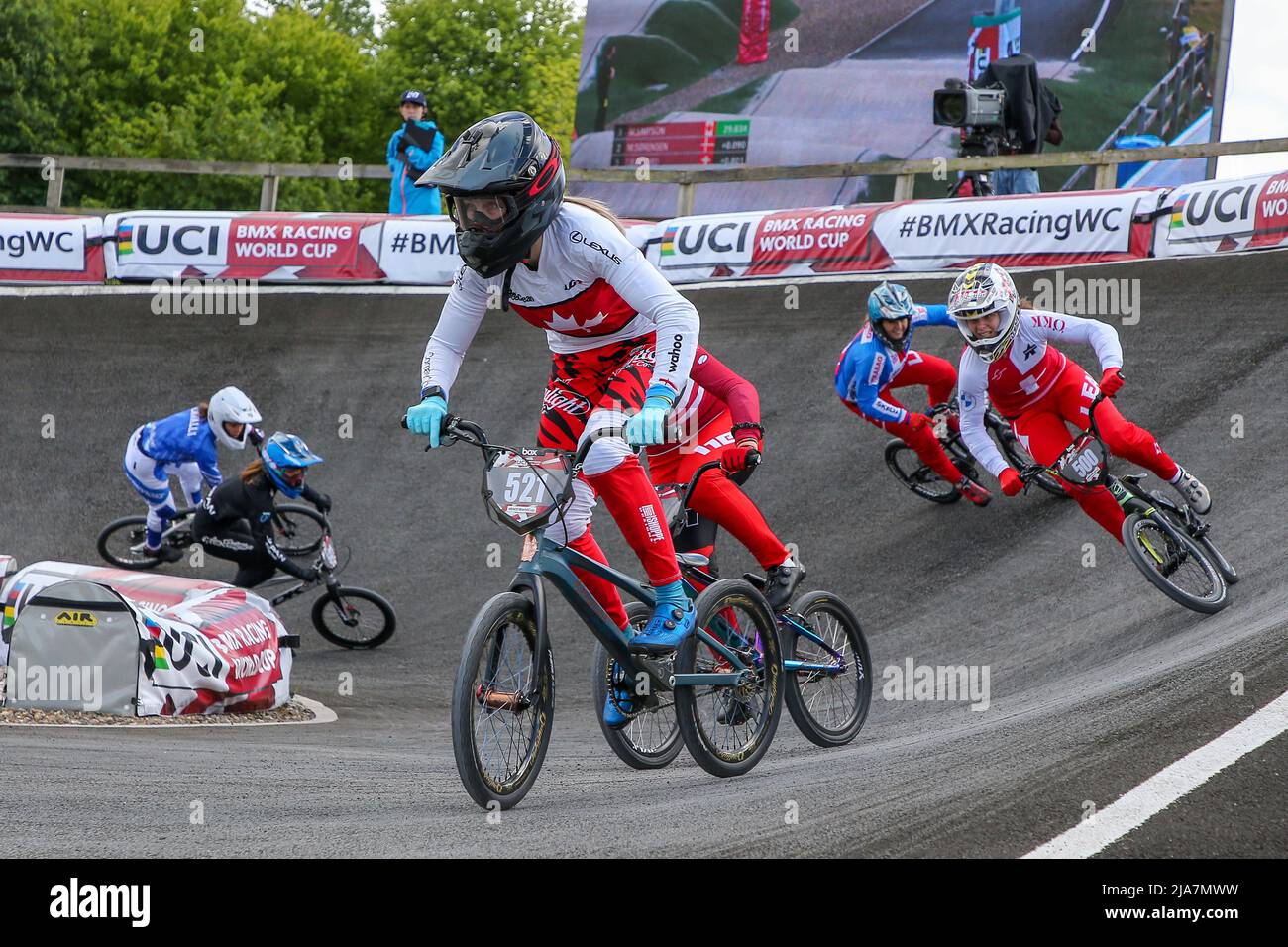 Glasgow, UK. 28th May, 2022. The world BMX Racing world cup took place at  the BMX track in Glasgow, Scotland, UK and attracted an international list  of over 200 competitors from across