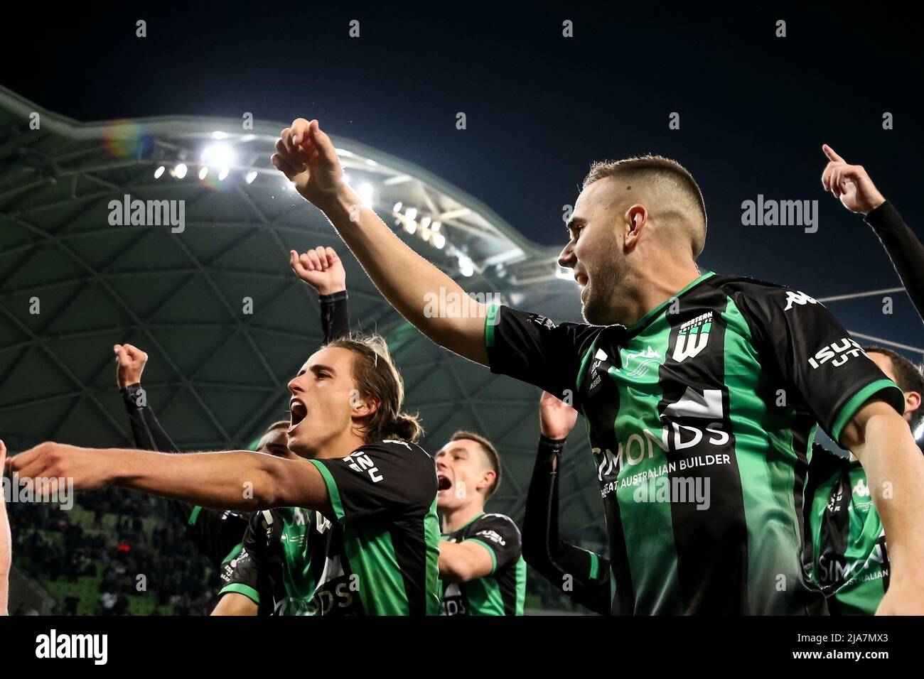 Melbourne, Australia, 28 May, 2022. Western United celebrate winning the grand final during the A-League Grand Final soccer match between Melbourne City FC and Western United at AAMI Park on May 28, 2022 in Melbourne, Australia. Credit: Dave Hewison/Speed Media/Alamy Live News Stock Photo