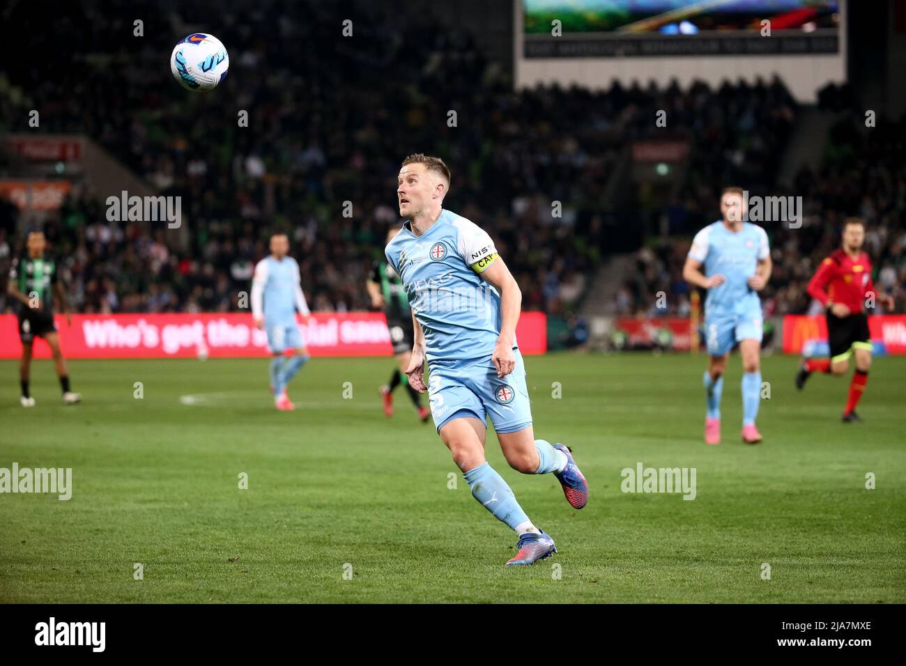 Melbourne, Australia, 28 May, 2022. Scott Jamieson of Melbourne City FC controls the ball during the A-League Grand Final soccer match between Melbourne City FC and Western United at AAMI Park on May 28, 2022 in Melbourne, Australia. Credit: Dave Hewison/Speed Media/Alamy Live News Stock Photo