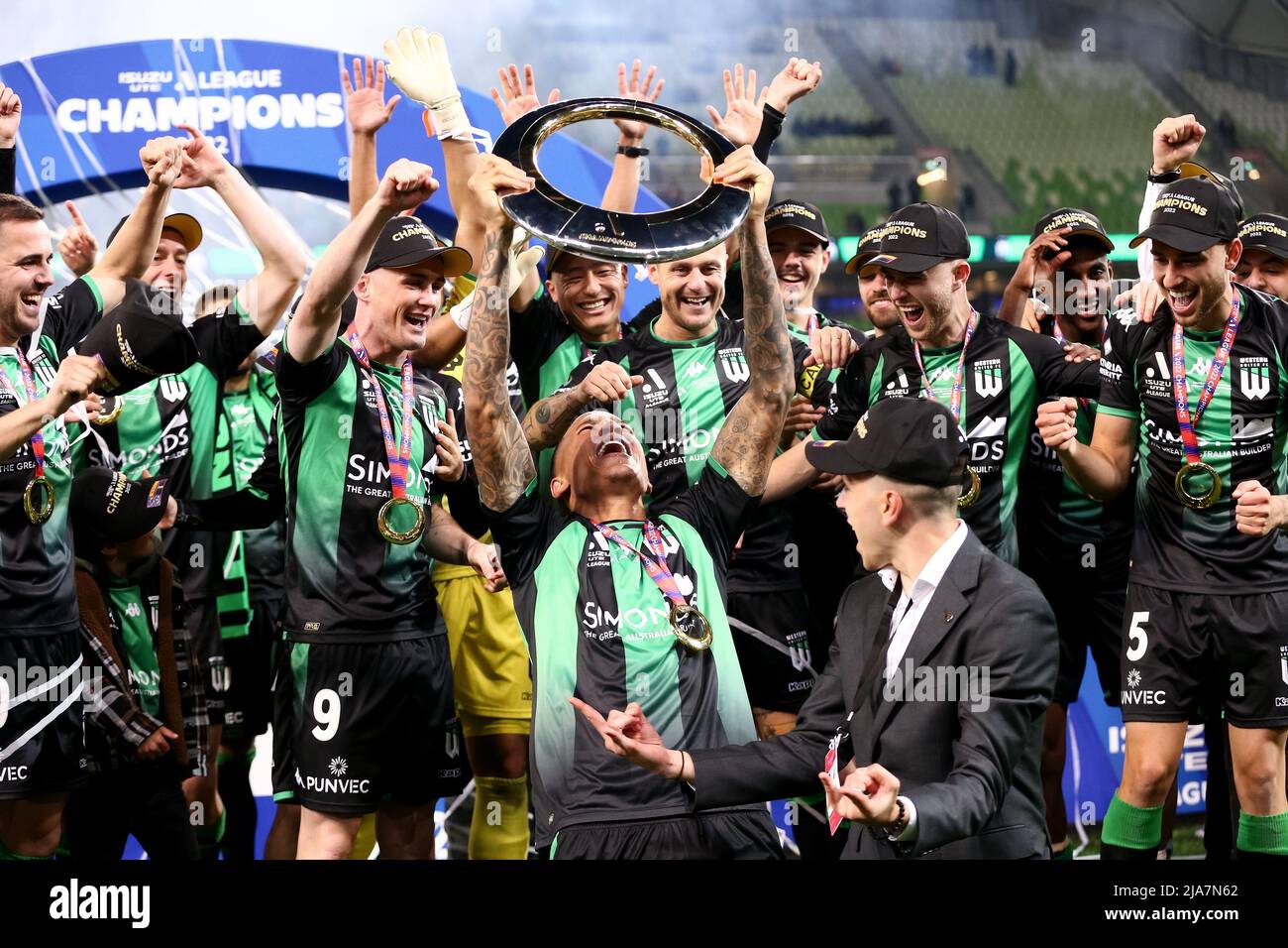 Melbourne, Australia, 28 May, 2022. Western United players celebrate during the A-League Grand Final soccer match between Melbourne City FC and Western United at AAMI Park on May 28, 2022 in Melbourne, Australia. Credit: Dave Hewison/Speed Media/Alamy Live News Stock Photo