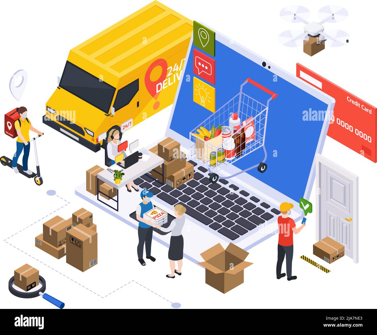 Delivery service isometric composition with laptop surrounded by parcel ...