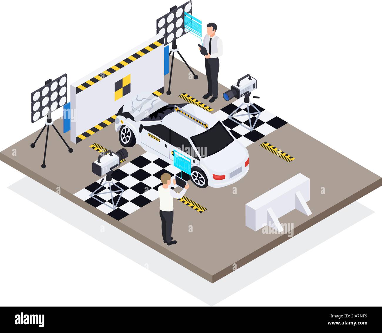 Crash test car safety isometric composition with view of test track