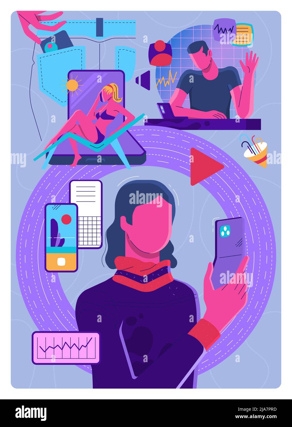 People with foldable phones, concept illustration, man and woman, beach, office, outddor location, smartphones at work leisure and communication Stock Vector
