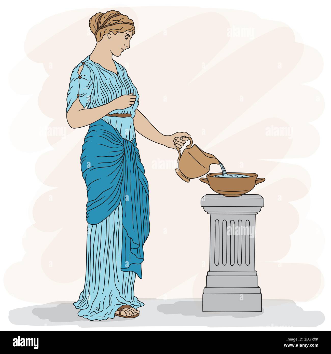 A young slender ancient Greek woman in tunic with a jug pouring water into a bowl. Stock Vector