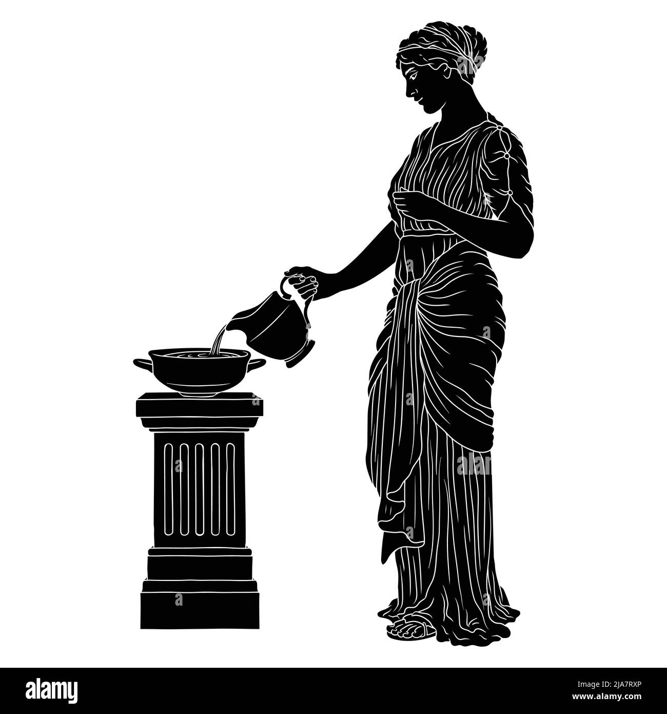 A young slender ancient Greek woman in tunic with a jug pouring water into a bowl. Figure isolated on white background. Stock Vector