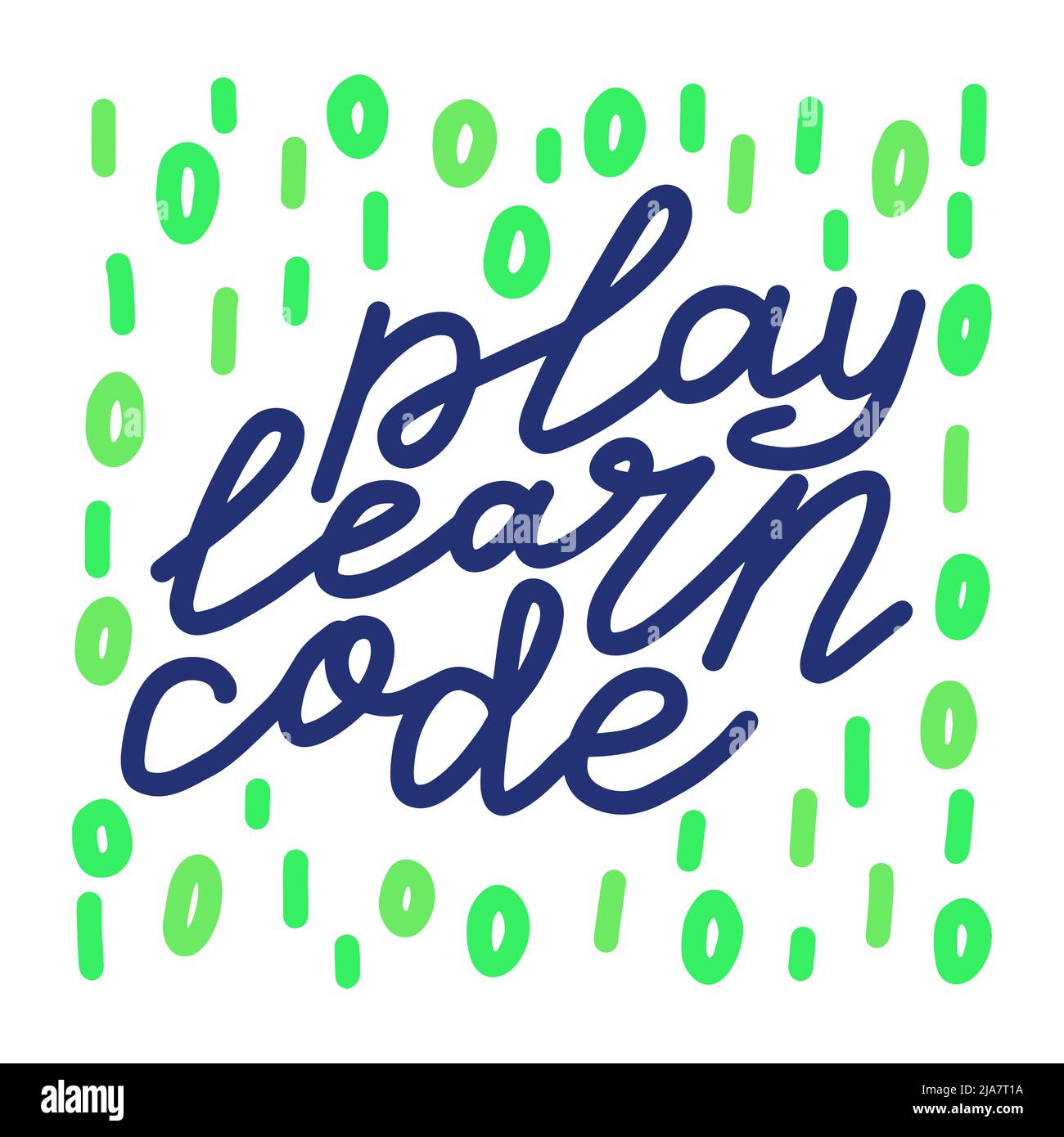 Play Learn Code lettering. programmer kid summer camp quote. School education activity. Handwritten phrase. Creative calligraphic slogan. Typography vector text Stock Vector