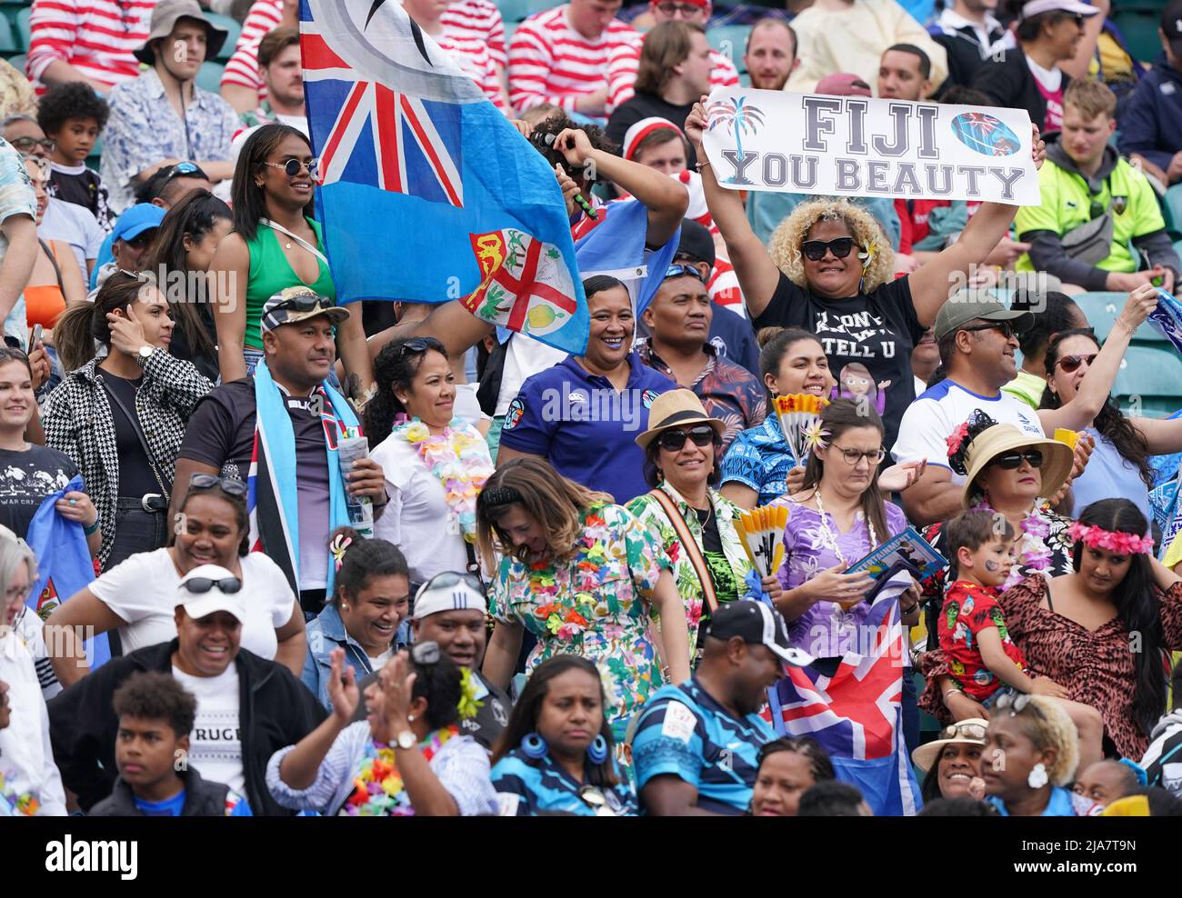 Fiji fans celebrate a victory over USA in Match 22 of the HSBC World Rugby Sevens Series at Twickenham Stadium, London. Picture date: Saturday May 28, 2022. Stock Photo