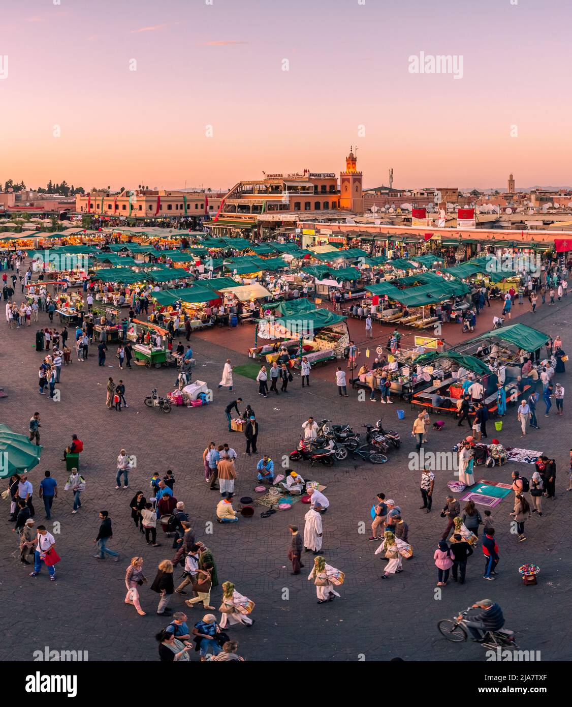 Marrakesh, Morocco, Africa - November 9, 2017: Aerial view of Marrakesh City and people downtown enjoying the market Stock Photo
