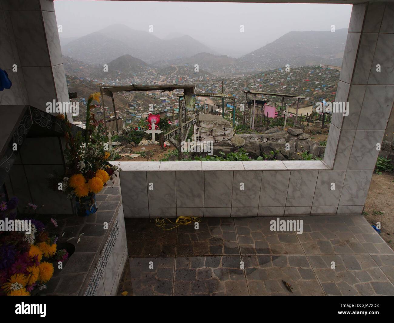 The cemetery of Nueva Esperanza, in the district of Villa el Salvador in Lima, is one of the largest in the Americas and receives almost two million visitors each year, only on the day of the dead. Stock Photo