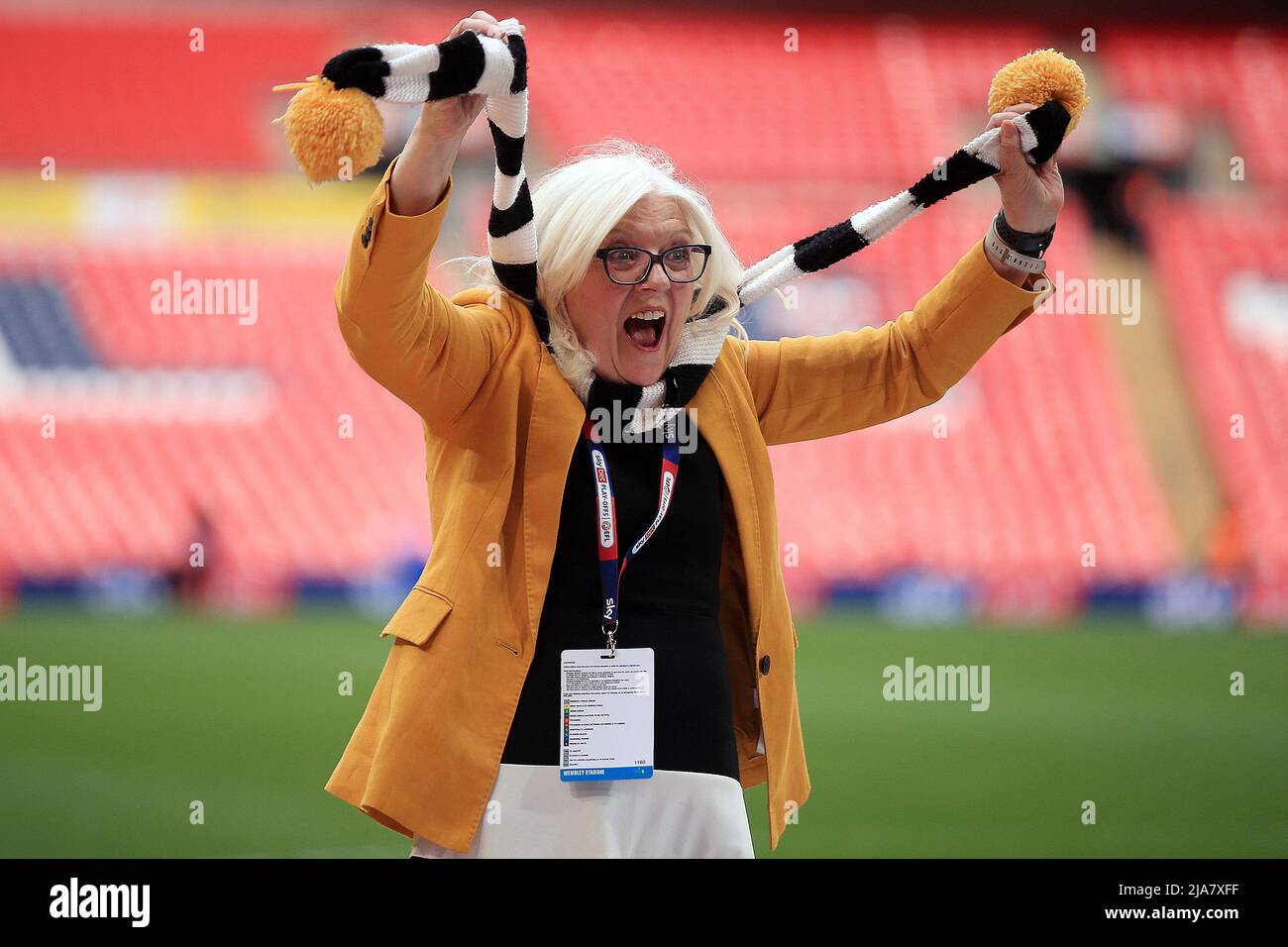 London, UK. 28th May, 2022. Port Vale FC chair person Carol Shanahan celebrates her teams promotion to League one after the game. Skybet EFL league two play off final, Mansfield Town v Port Vale at Wembley Stadium in London on Saturday 28th May 2022.this image may only be used for Editorial purposes. Editorial use only, license required for commercial use. No use in betting, games or a single club/league/player publications.pic by Steffan Bowen/Andrew Orchard sports photography/Alamy Live News Credit: Andrew Orchard sports photography/Alamy Live News Stock Photo
