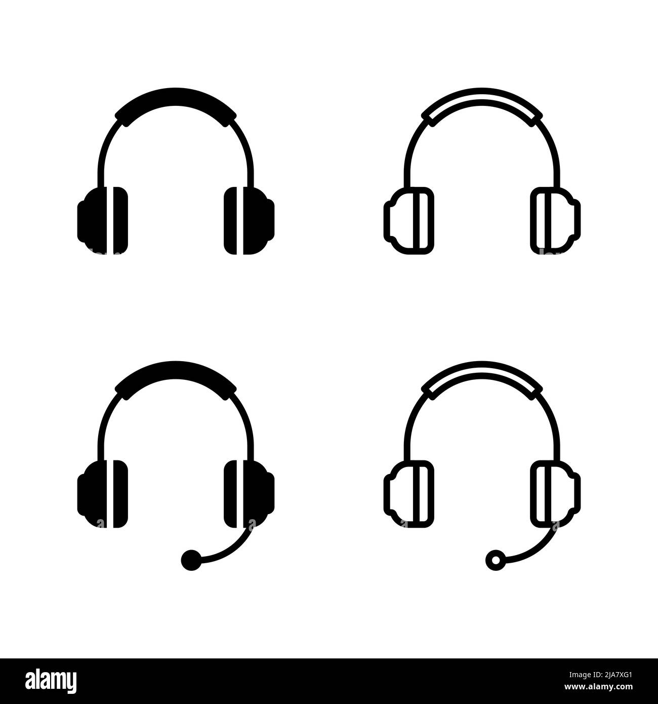 Headphones black icon set. Microphone. Outline. Vector illustration