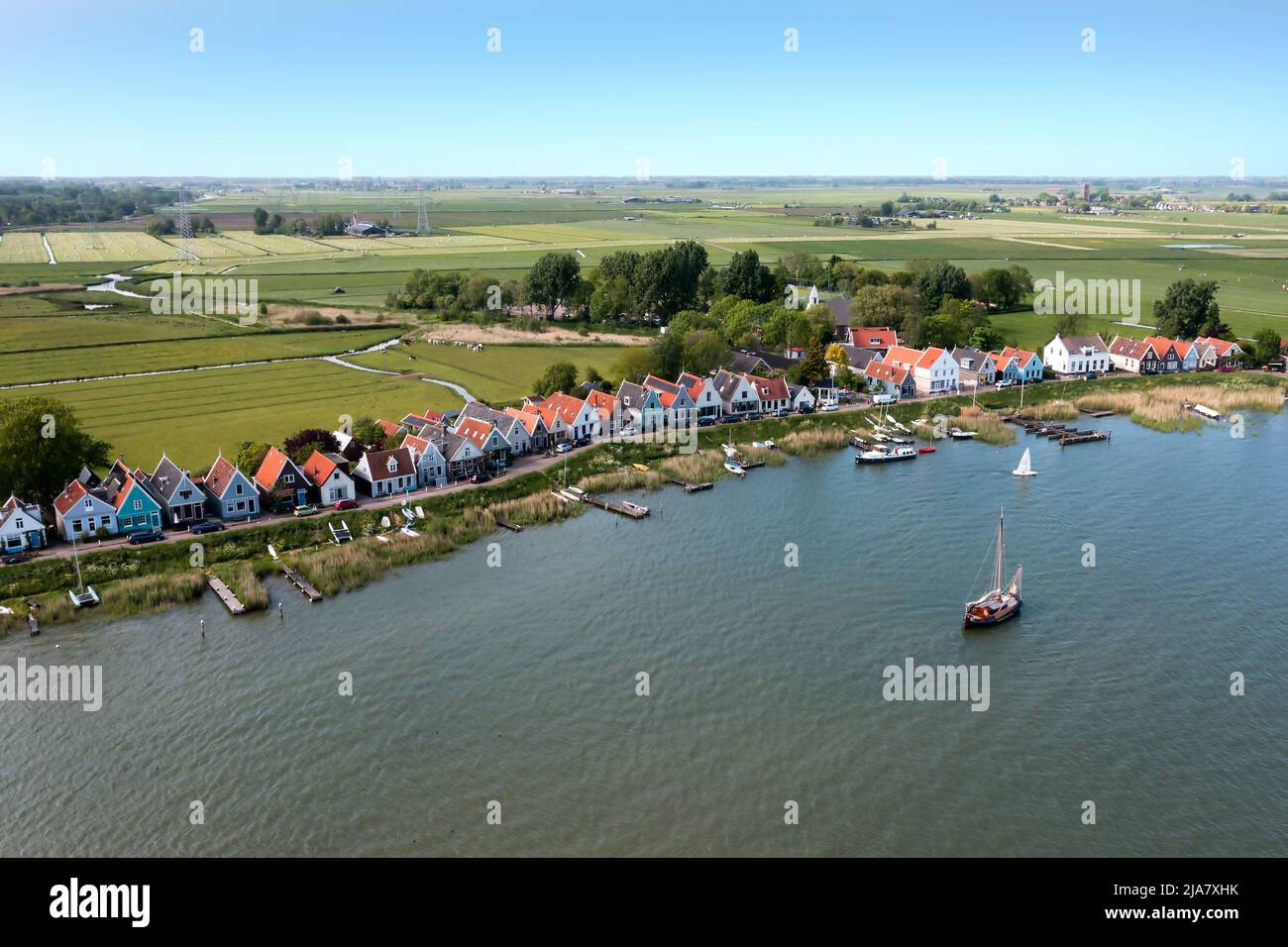 Aerial from the traditional village Durgerdam near Amsterdam in the Netherlands at the IJsselmeer Stock Photo