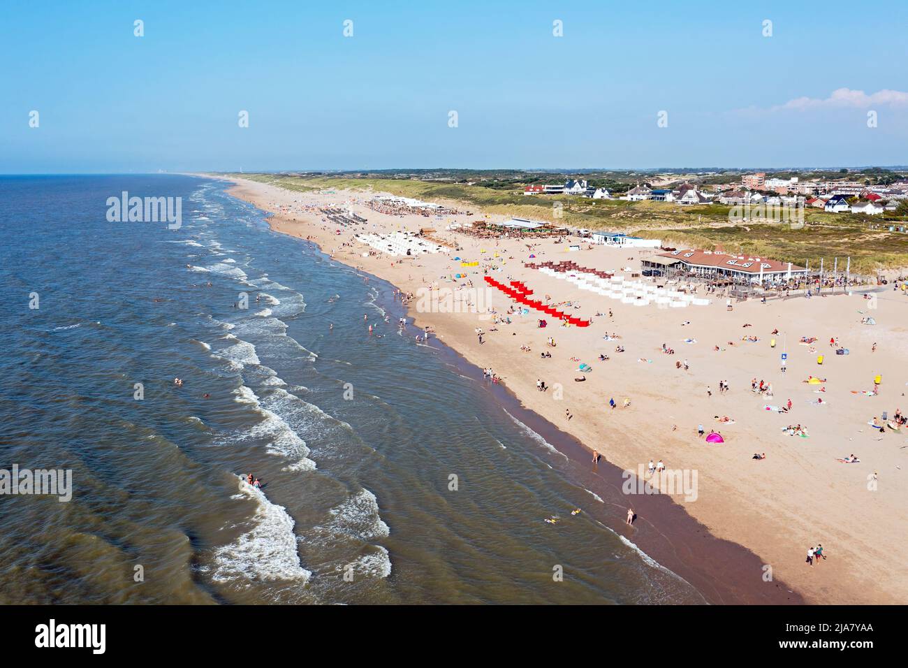 Aerial from the beach in Noordwijk aan Zee in the Netherlands on a beautiful summer day Stock Photo