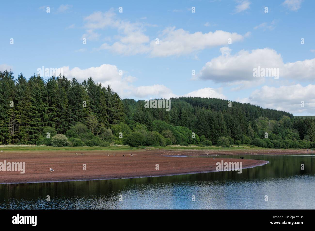 Llwyn Onn Reservoir, Merthyr Tydifl, South Wales, UK.  28 May 2022.  UK weather: Sunny afternoon over the reservoir today.  Water levels are lower than normal, and partially uncovered Pont Yr Daf bridge that was in use before the reservoir was constructed.  Credit: Andrew Bartlett/Alamy Live News. Stock Photo