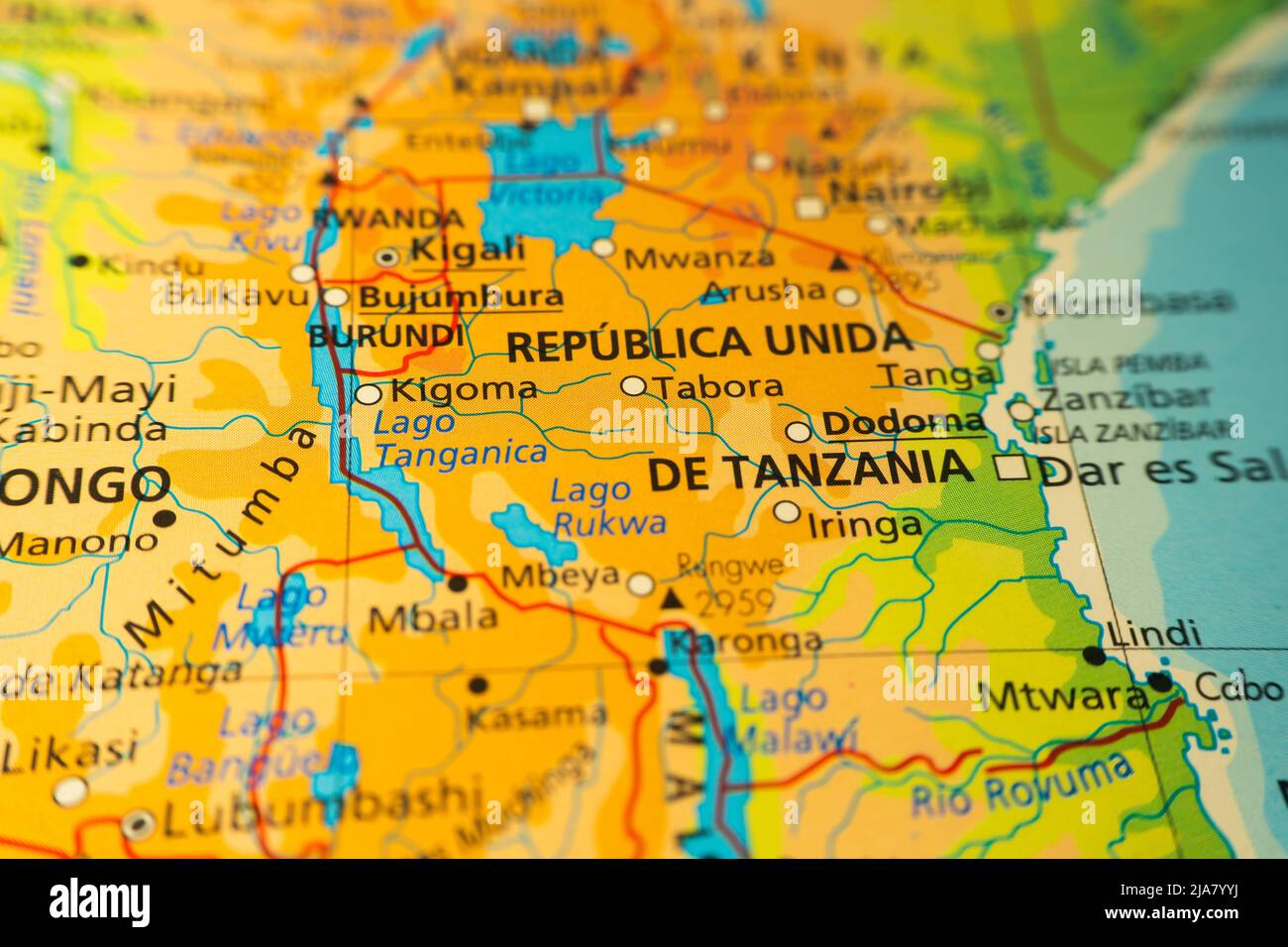 Orographic map of Tanzania, with Tanganyika and Ruwka lakes, Zanzibar island and Dar el Salam. With references in Spanish. Concept of cartography, tra Stock Photo