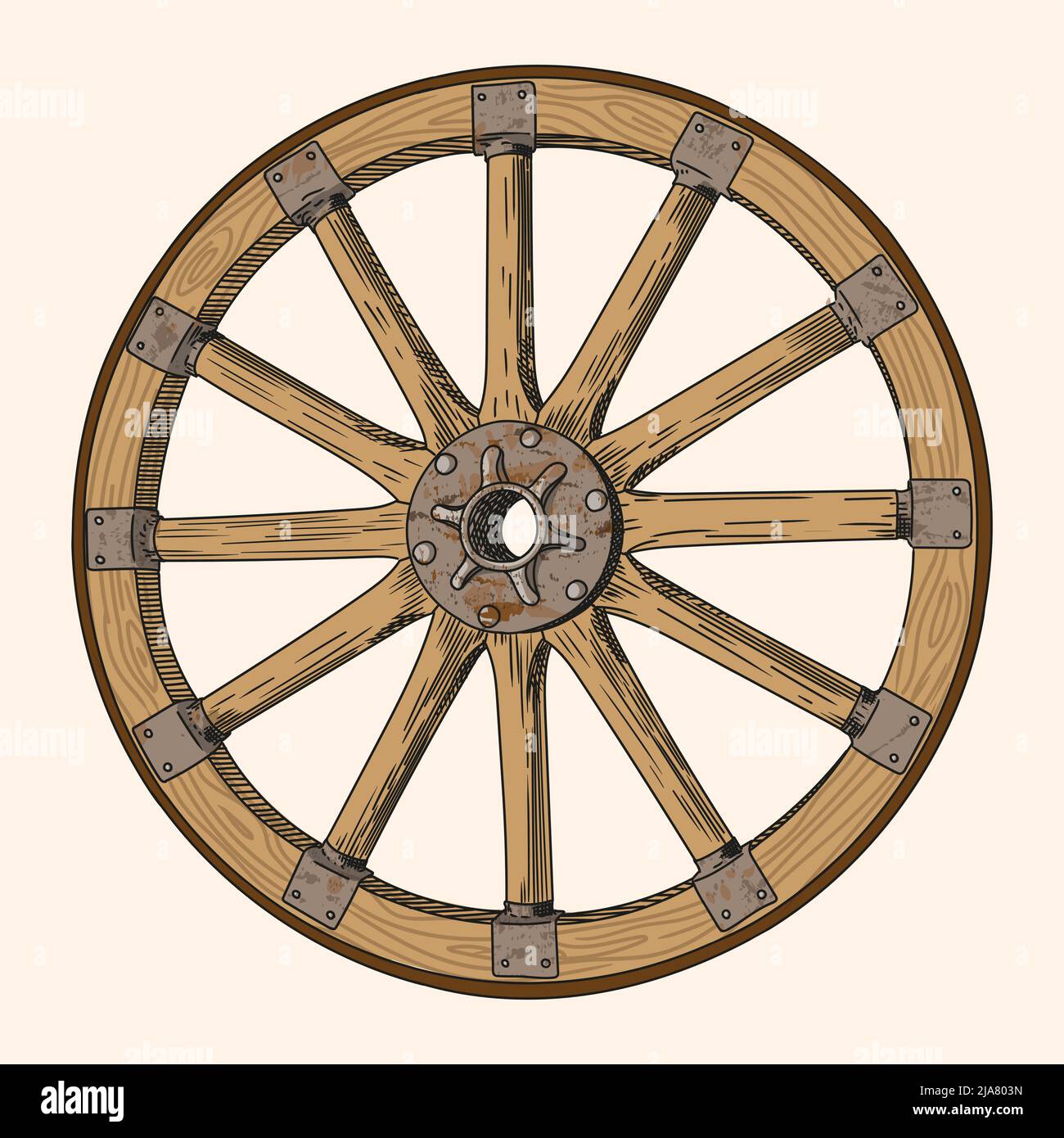 Old wooden wheel from a rustic cart with spokes and steel elements. Wheel of Fortune. Stock Vector