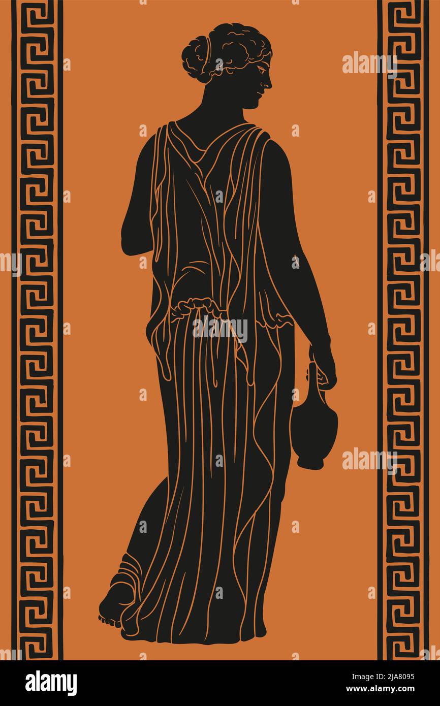 A young slender ancient Greek woman with a jug in her hand stands with her back and looks to the side. Stock Vector
