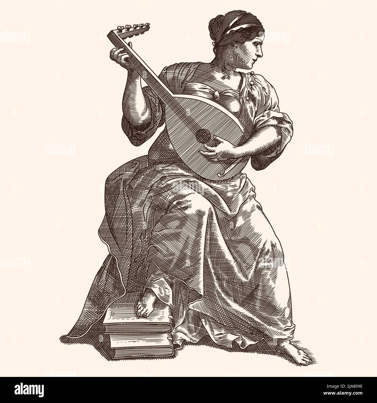 A young ancient Greek woman with a stringed musical instrument in her