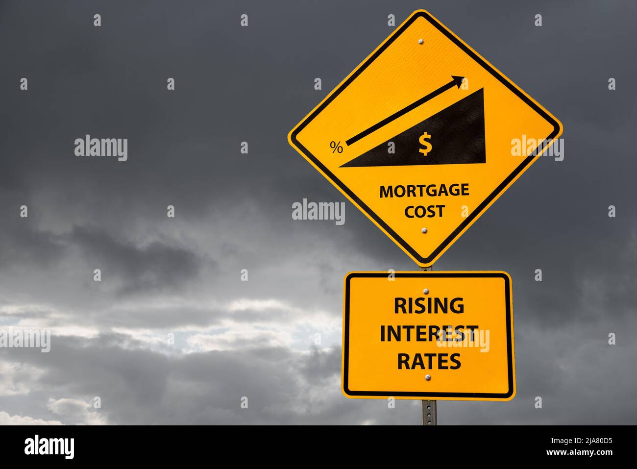 Conceptual sign about rising mortgage costs due to higher interest rates with storm sky in background. Business and finance concept. Copy space. Stock Photo