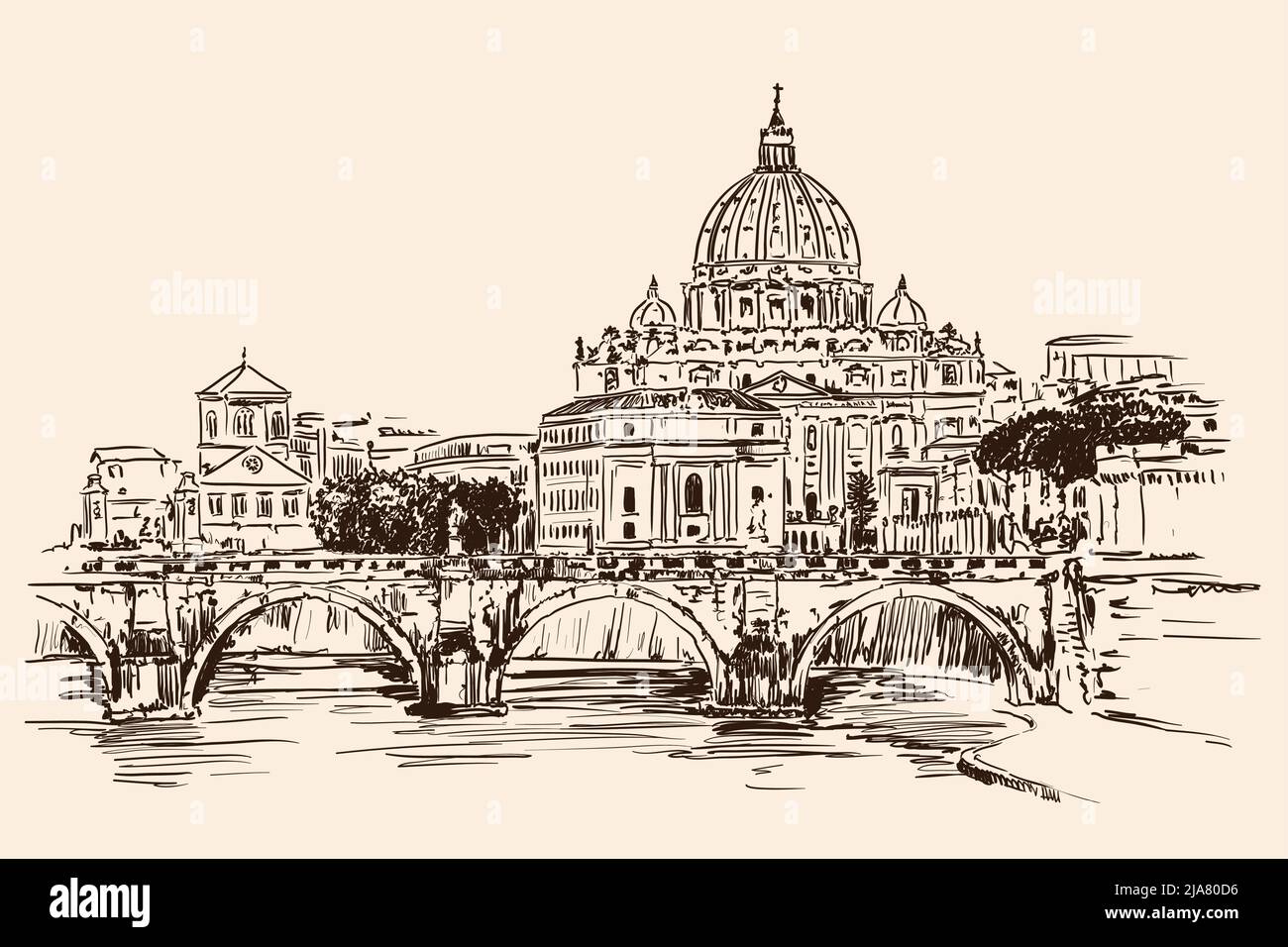 View of the Cathedral of St Peter over the Tiber River in Rome. Quick sketch. Stock Vector