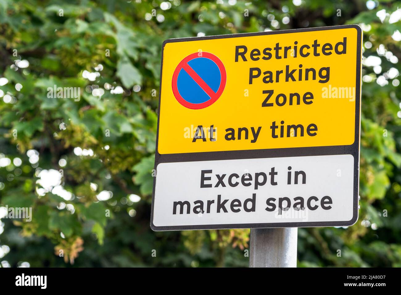 Close up of sign indicating parking restrictions in an urban area. Defocused trees are in background. Stock Photo