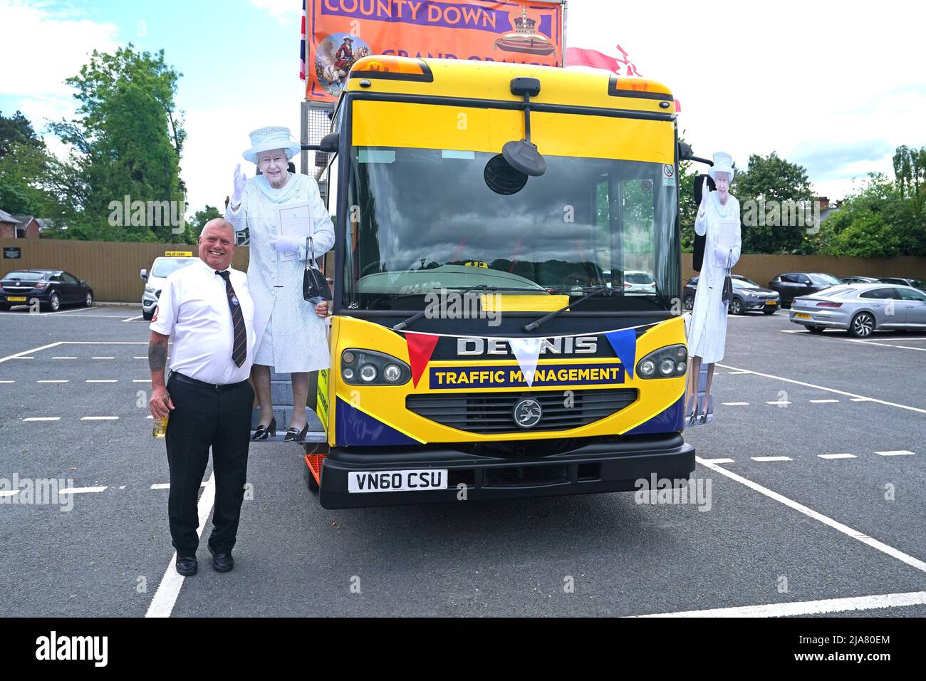 Cardboard cutouts of Queen Elizabeth II at Stormont before the start of