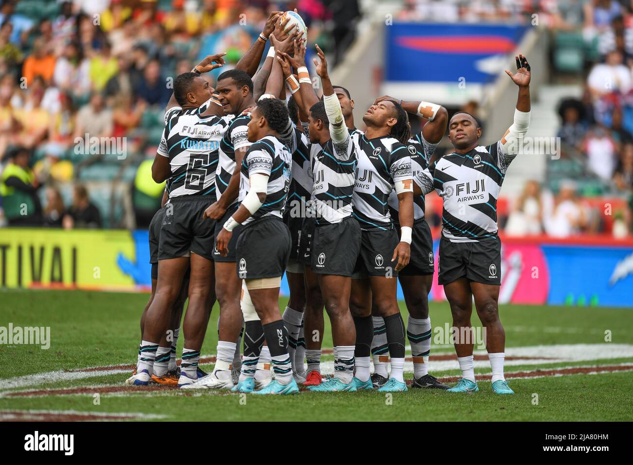 Fiji rugby group huddle before the game against USA Stock Photo