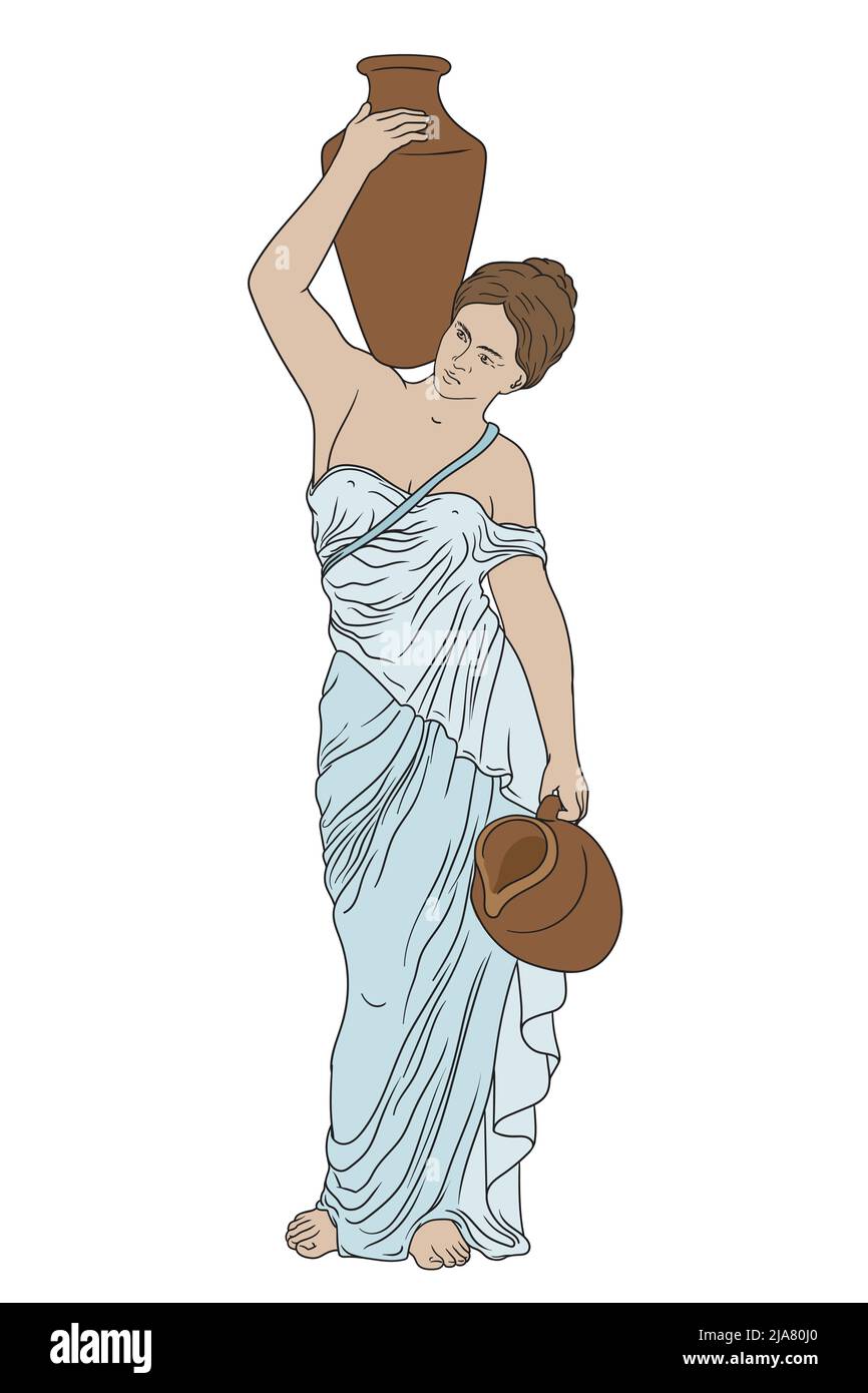 A young slender ancient Greek woman stands and holds a clay jug on her shoulder. Stock Vector