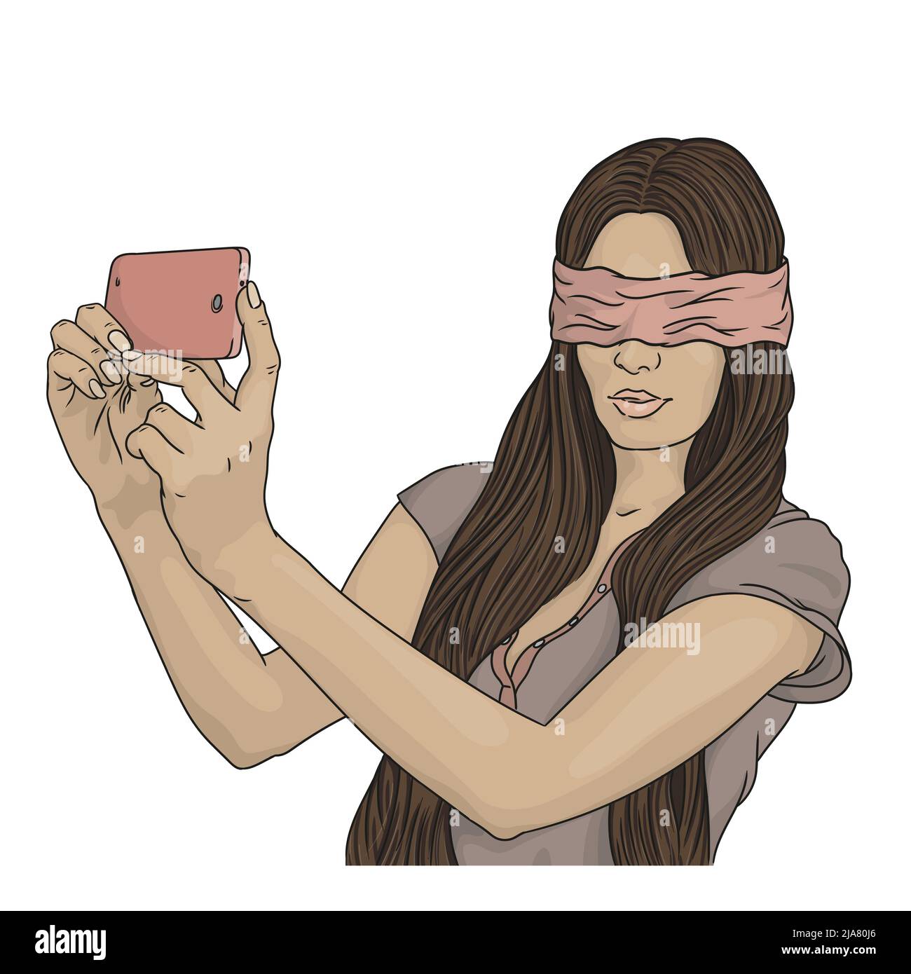 Young attractive girl blindfolded with a cloth bandage makes a selfie photo on a mobile phone. Stock Vector