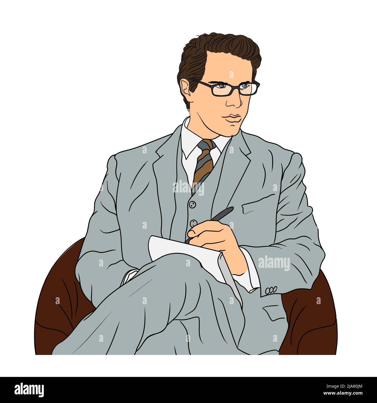 Business man in a suit with glasses sits in an armchair and makes notes in a notebook. Stock Vector