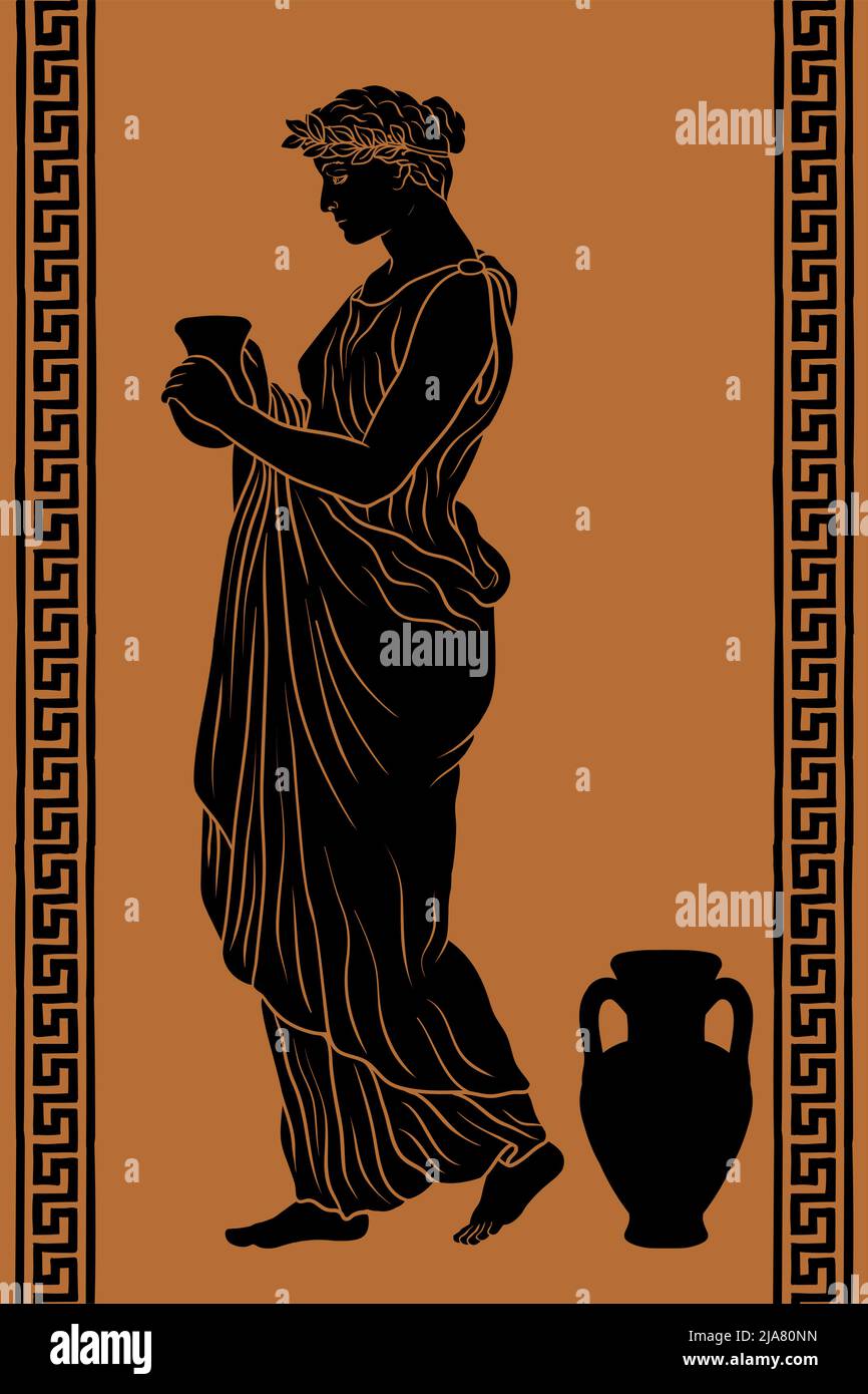 A young slender ancient Greek woman stands and holds a clay jug in her hands. Stock Vector