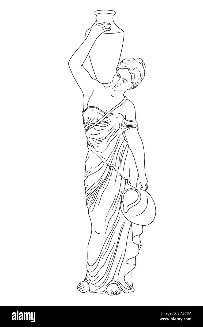 A young slender ancient Greek woman stands and holds a clay jug on her shoulder. Stock Vector