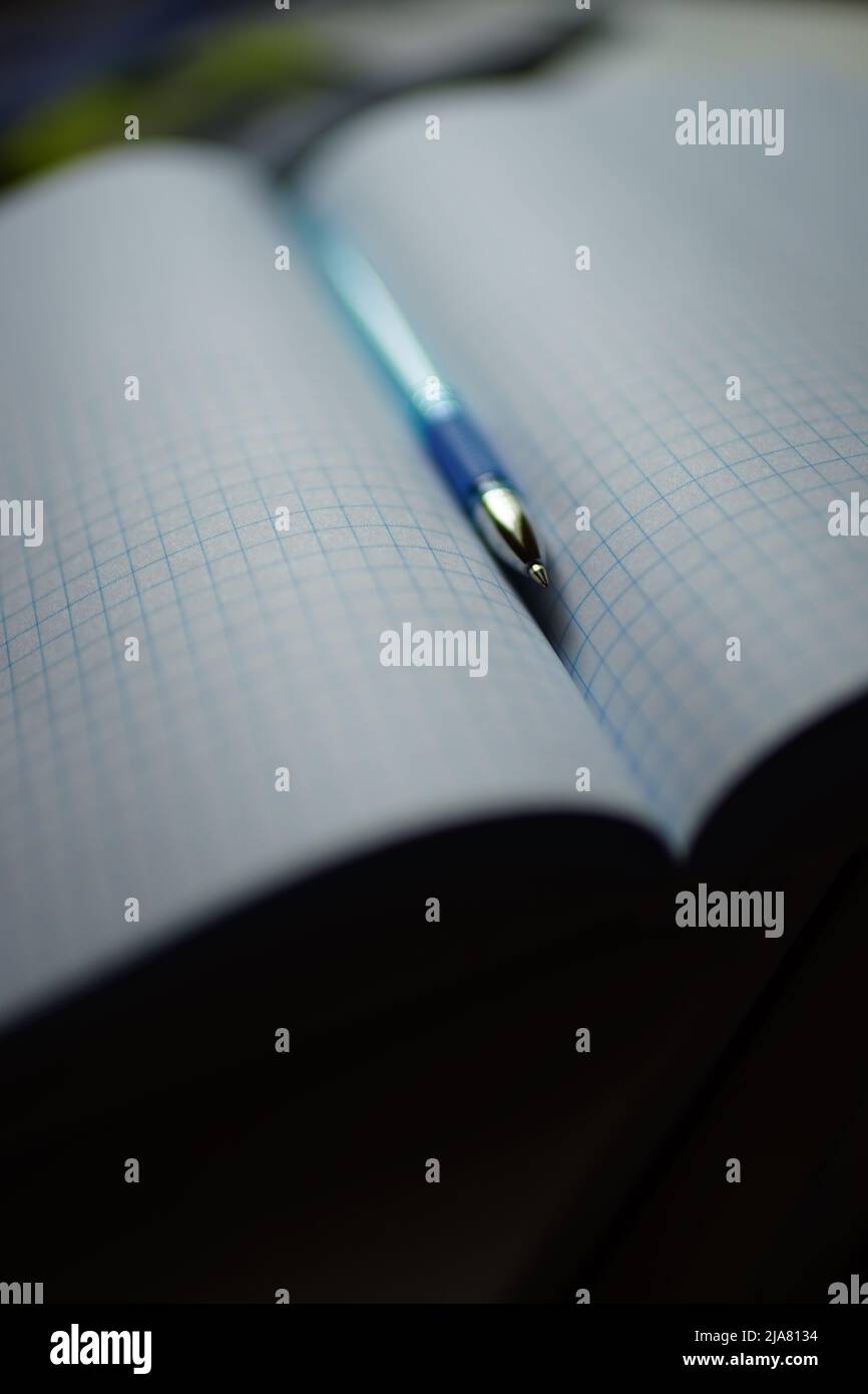 Blue ballpoint pen on squared notebook paper. Stock Photo