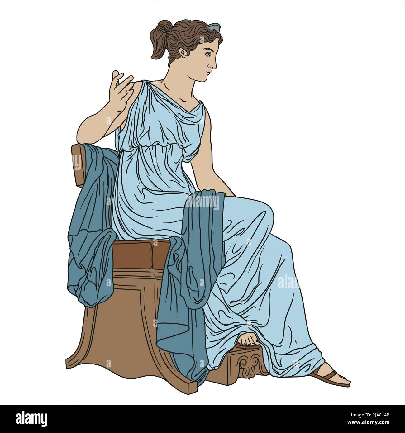 An ancient Greek young woman in a tunic sits on a chair. Figure isolated on white background. Stock Vector