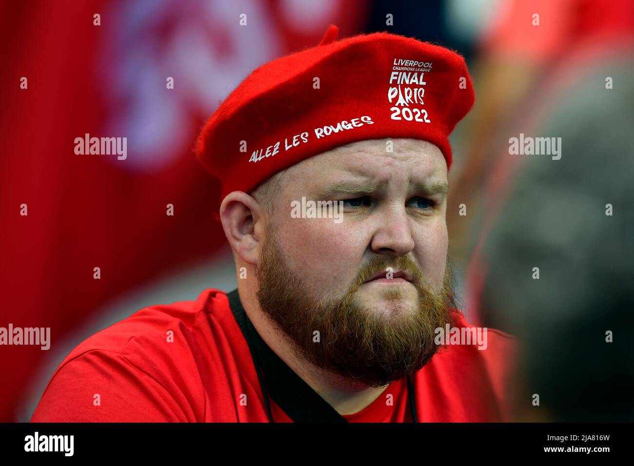 Paris, France. 28th May, 2022. A Liverpool FC fan seen on the stands before the UEFA Champions League final between Liverpool and Real Madrid at the Stade de France in Paris. (Photo Credit: Gonzales Photo/Alamy Live News Stock Photo