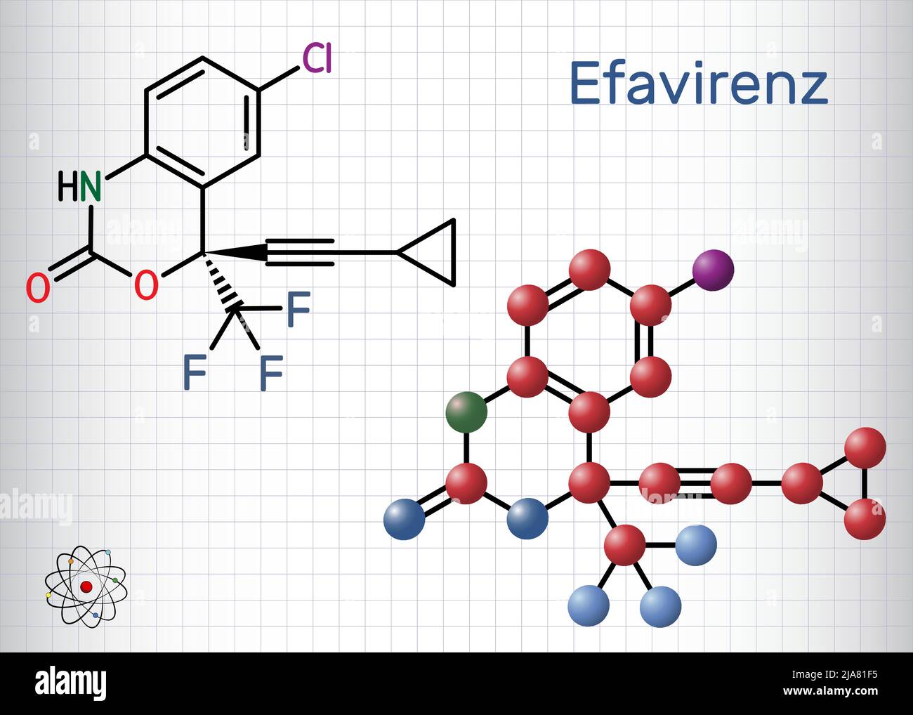 Efavirenz, EFV molecule. It is antiretroviral medication used to treat HIV and AIDS. Structural chemical formula and molecule model. Sheet of paper in Stock Vector