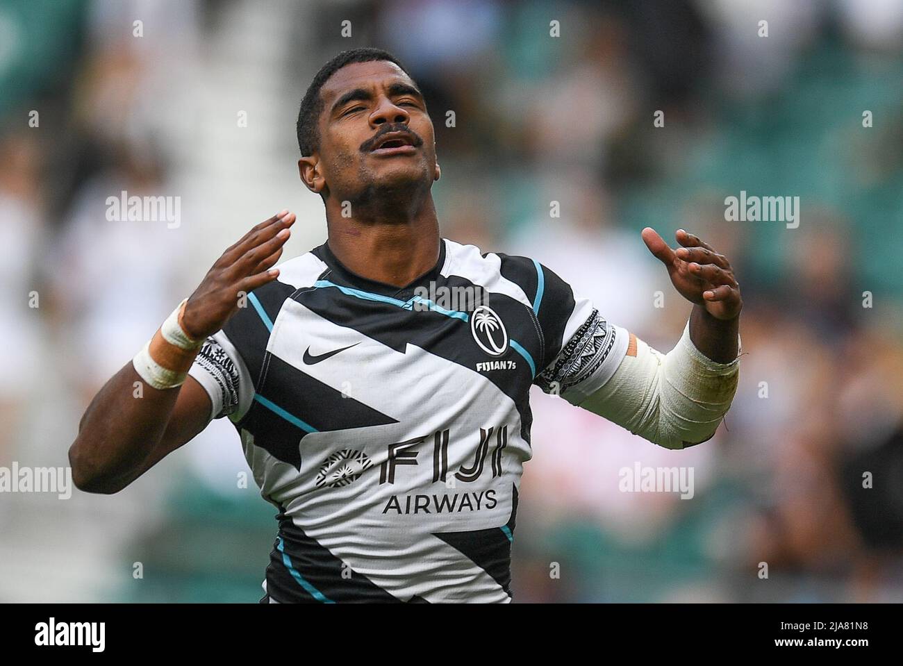 Twickenham, UK. 28th May, 2022. Pilipo Bukayaro of Fiji Rugby, prays following his try in Twickenham, United Kingdom on 5/28/2022. (Photo by Mike Jones/News Images/Sipa USA) Credit: Sipa USA/Alamy Live News Stock Photo