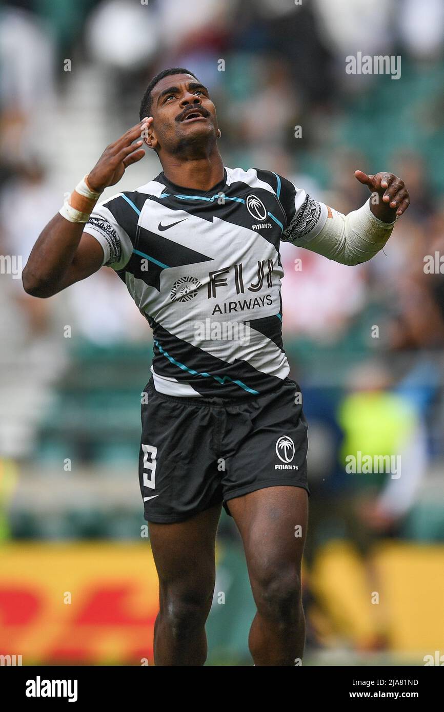 Twickenham, UK. 28th May, 2022. Pilipo Bukayaro of Fiji Rugby, prays following his try in Twickenham, United Kingdom on 5/28/2022. (Photo by Mike Jones/News Images/Sipa USA) Credit: Sipa USA/Alamy Live News Stock Photo