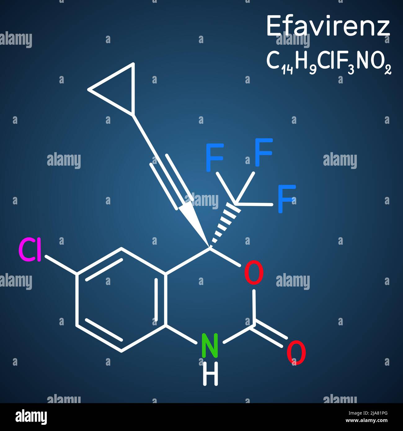 Efavirenz, EFV molecule. It is antiretroviral medication used to treat HIV and AIDS. Structural chemical formula on the dark blue background. Vector i Stock Vector