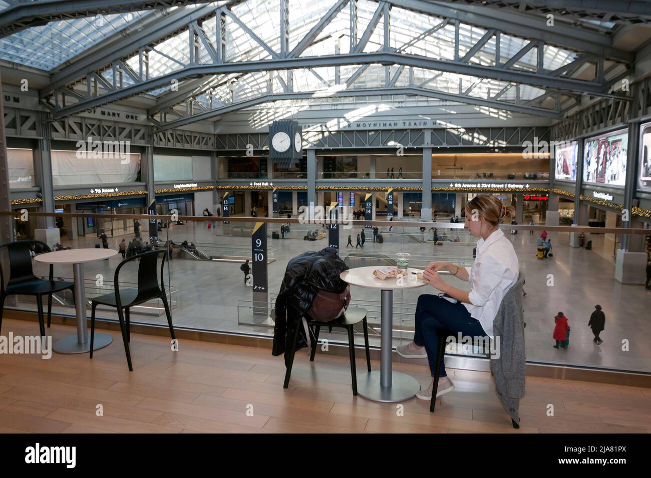 Amtrak's Metropolitan Lounge Balcony overlooking the new Moynihan Train Hall in the James A. Farley Post Office Building, New York City, NY. Stock Photo