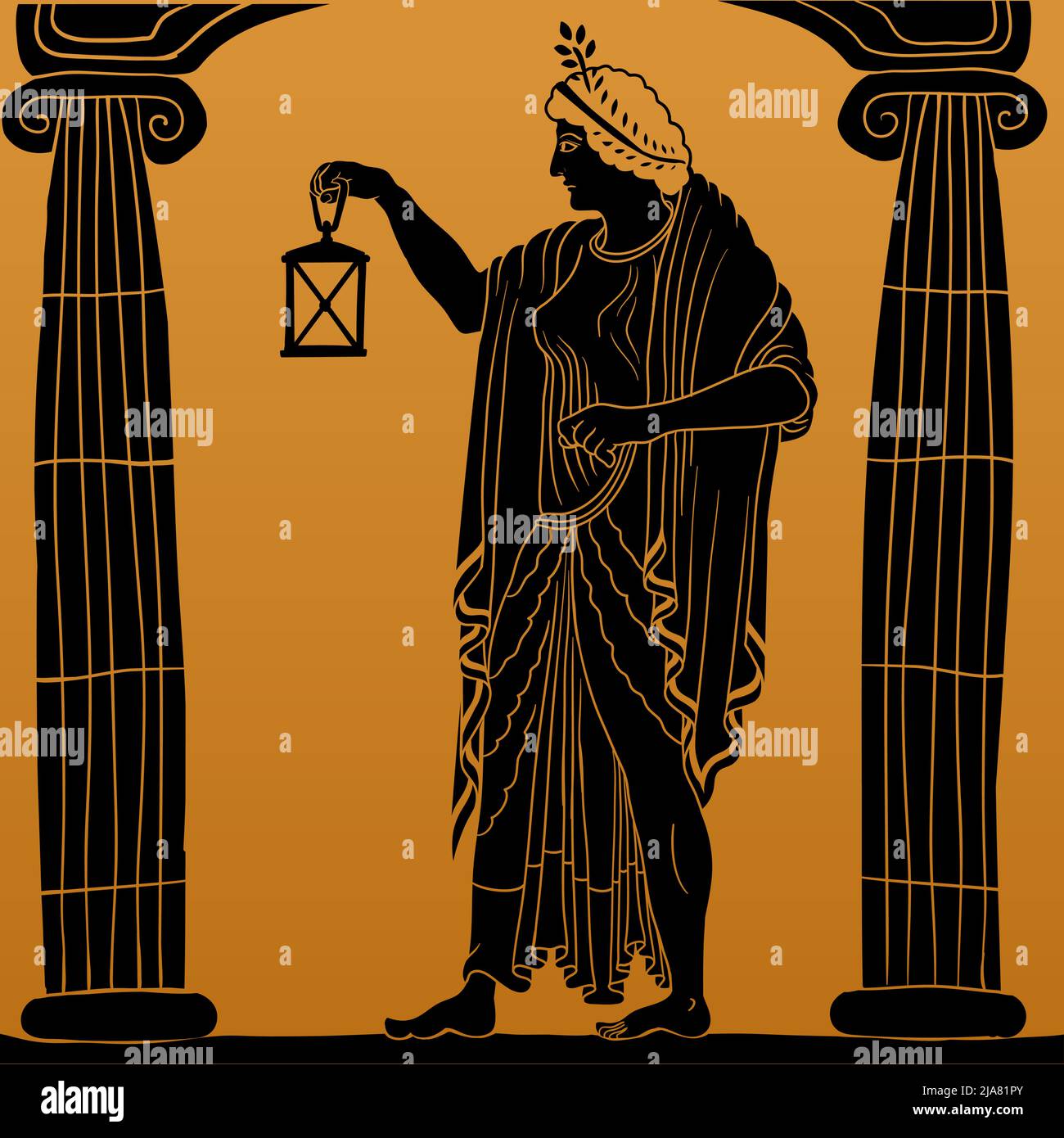 An ancient Greek young woman with a laurel wreath on his head in a tunic and cape stands between two columns and holds a lantern in his hand. Stock Vector