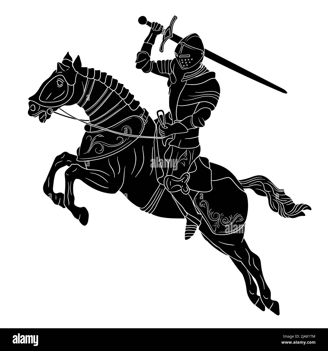 A knight in medieval armor on horseback with a sword in his hands prepares to strike. Figure isolated on white background. Stock Vector