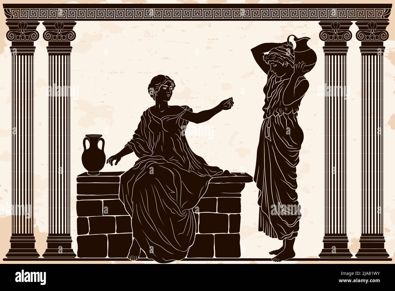 Two ancient Greek women in tunics with clay jugs are talking in a temple with columns. Stock Vector