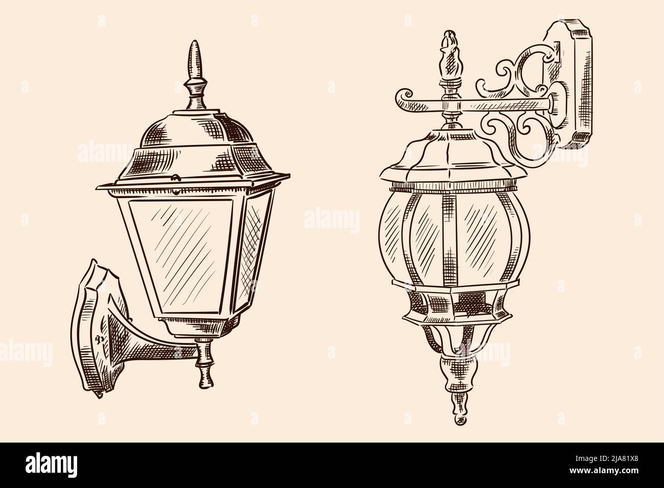 Hanging wall lamp in classic style for street lighting. Handmade sketch on a beige background. Stock Vector