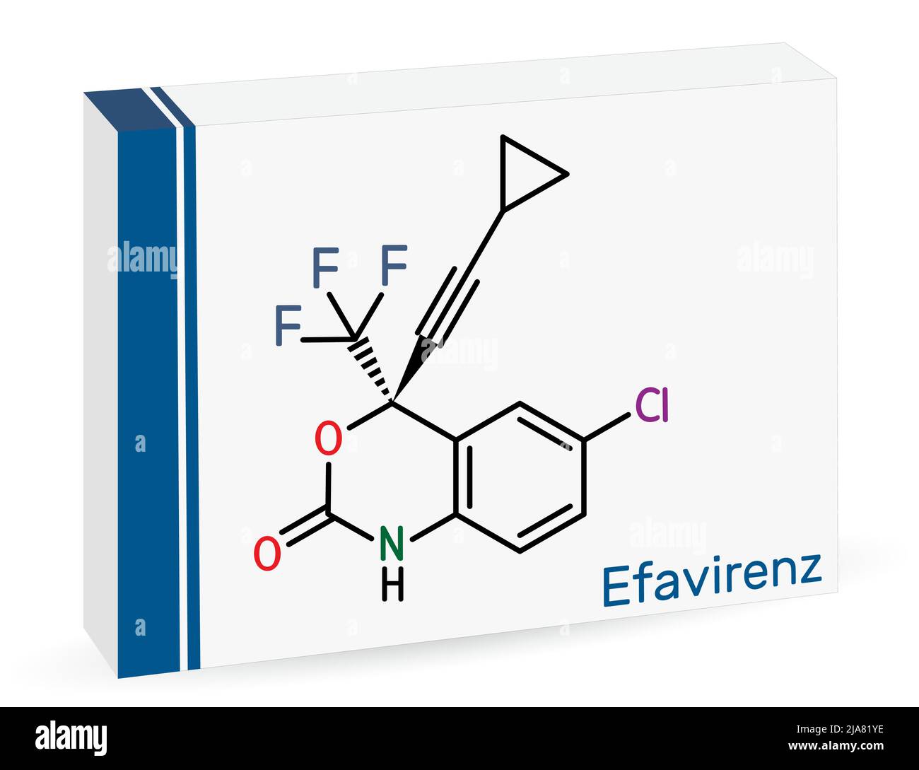 Efavirenz, EFV molecule. It is antiretroviral medication used to treat HIV and AIDS. Skeletal chemical formula. Paper packaging for drugs. Vector illu Stock Vector